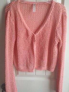 SO Open-Knit V-Neck Button-Front Cardigan- Coral